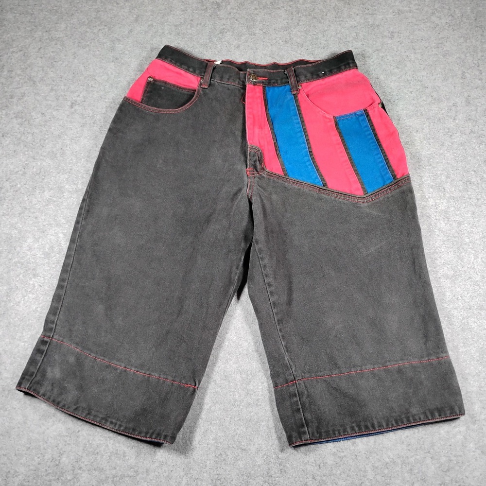 Exhaust Vintage 90s Baggy Denim Jorts Mens‎ 33 Black Red Blue Colorblock Shorts
